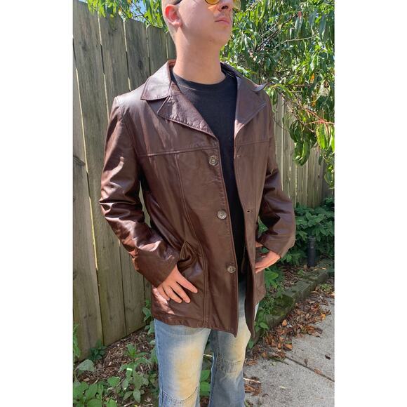 VTG London Fog Brown Leather Coat Men’s 42 Reg Zip Out Faux Fur Liner, Long Coat - Picture 1 of 13